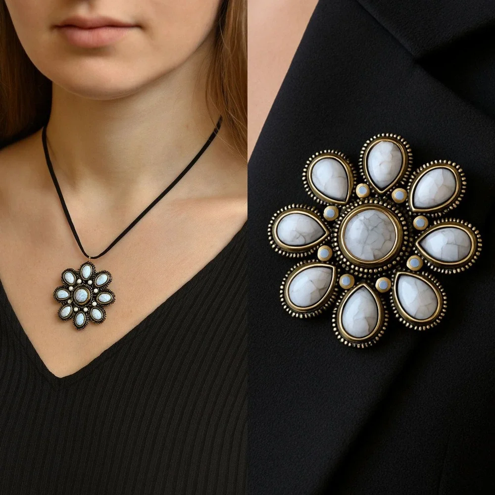 Premier Designs Flower Pendant Brooch Bronze Tone Cabochon Statement‎ Jewelry